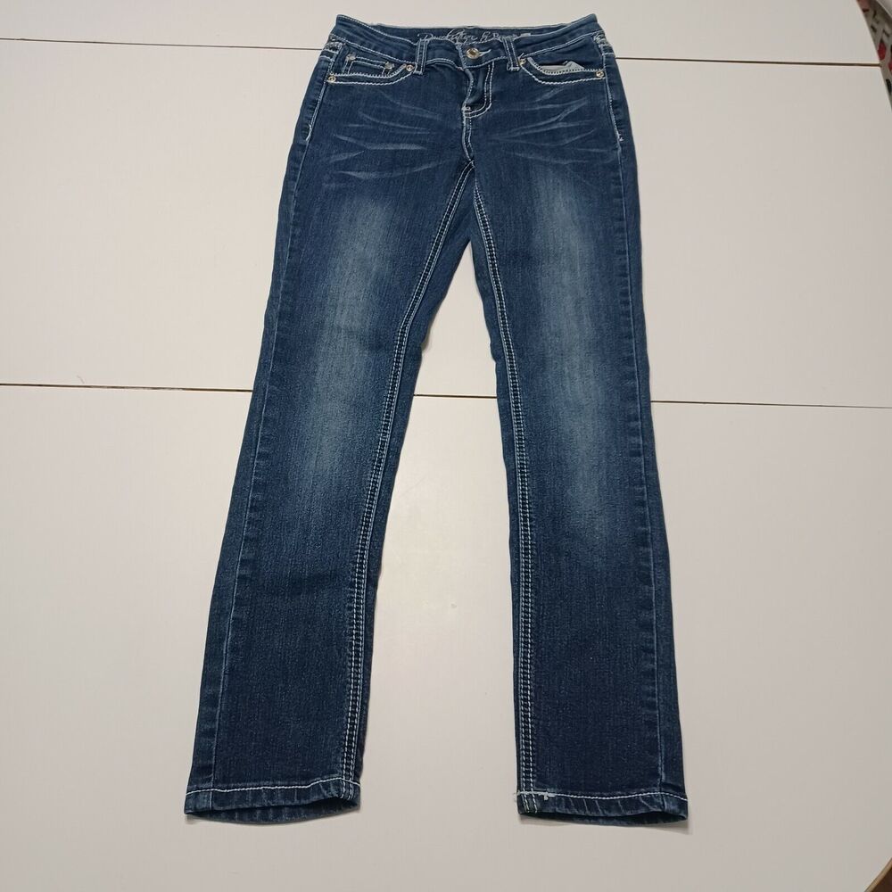 Revolution‎ Revolt Girl Skinny Jean Cross Blue Stretch Dark Wash Pocket Denim 12